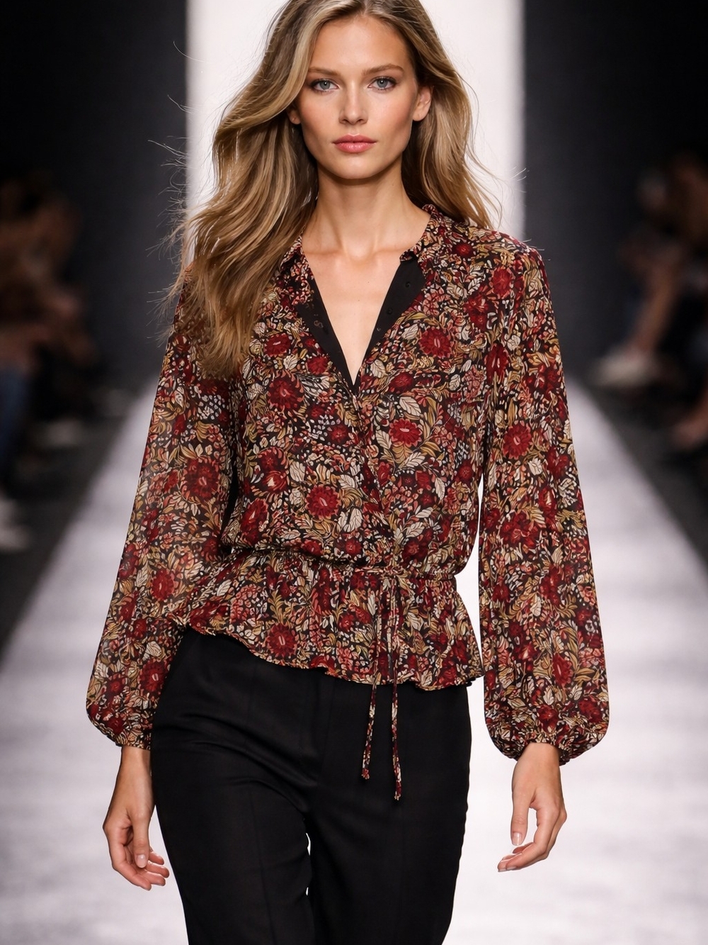 Liz Claiborne Burgundy Floral Drawstring Peplum Blouse